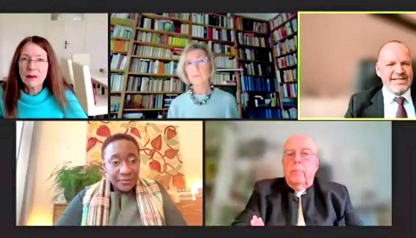 Barbara Zehnpfennig (links oben), Heike Schmoll, Bernhard Kempen, Maisha-Maureen Auma und Dieter Lenzen diskutierten &uuml;ber Cancel Culture.
Foto: HSt/Screenshot