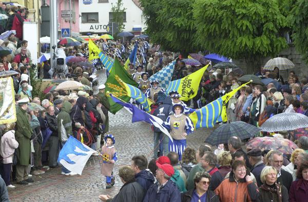 2001 ist die Kurstadt Gastgeber der Baden-W&uuml;rttembergischen Heimattage. Beim Festumzug zieht das Fanfarencorps Rappenau durch die Stadt.