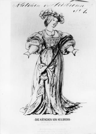 Das "K&auml;thchen von Heilbronn" am Meininger Hoftheater, Figurine, Ausstellung von Zeichungen und B&uuml;hnenbildern, 1876. Foto: HSt-Archiv.