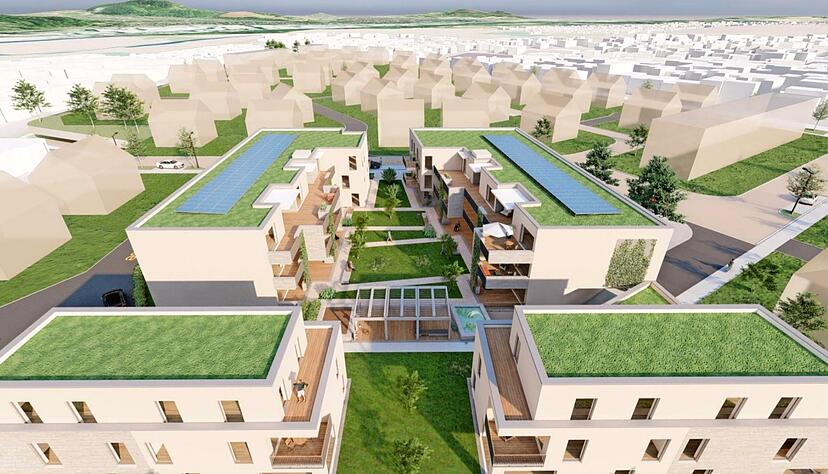 Im Baugebiet "Schafbuckel II" soll die besondere Wohnform entstehen. Ziel ist es, dass sich die Bewohner gemeinschaftlich engagieren. Visualisierung: ITVS