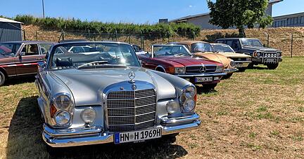 F&uuml;r Oldtimer, die nicht an der Rallye teilnahmen, war ein separater Parkplatz ausgewiesen. Im Vordergrund eine Mercedes-S-Klasse, W111, Baujahr 1969.
Foto: K&uuml;mmerle