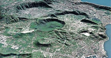 Die Phlegräischen Felder aus der Luft: Statt eines Kegels gibt es hier viele einzelne Krater. Vorne rechts die Hafenstadt Pozzuoli.
Foto: Istinuto Di Vulcanologia Die Phlegräischen Felder aus der Luft: Statt eines Kegels gibt es hier viele einzelne Krater. Vorne rechts die Hafenstadt Pozzuoli.
Foto: Istinuto Di Vulcanologia