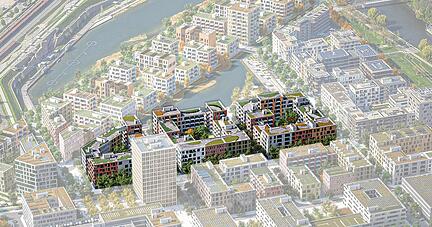 Der zweite Bauabschnitt im neuen Stadtquartier Neckarbogen umfasst drei Baufelder: M, L und K (von links). 20 Investoren und 26 Architekten mischen bei den 28 geplanten Gebäuden mit.
Visualisierung: Stadt Heilbronn