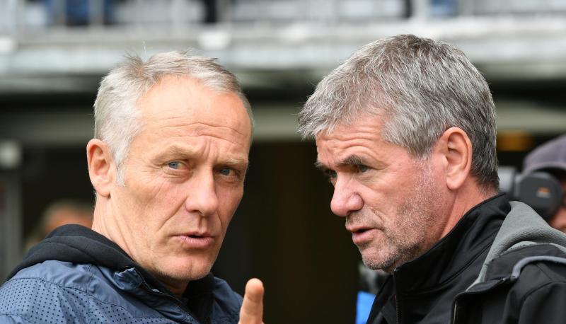 Die beiden Trainer Christian Streich und Friedhelm Funkel sind sich in ihrer Kritik am Videobeweis einig. Foto: Patrick Seeger