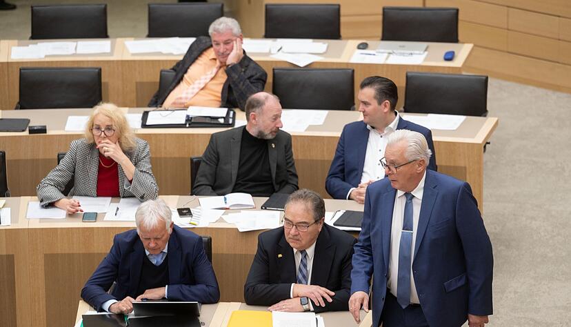 Mitglieder der AfD-Landtagsfraktion, darunter der Fraktionsvorsitzende Bernd G&ouml;gel (r) und der Landtagsabgeordnete Emil S&auml;nze (1. Reihe links), im Stuttgarter Landtag.