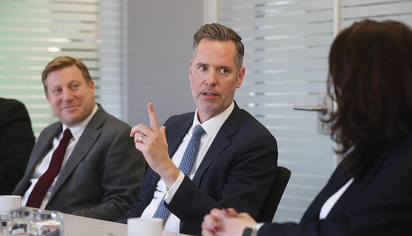 Christian D&uuml;rr (Mitte), Parteivorsitzender der FDP im Redaktionsgespr&auml;ch der Heilbronner Stimme. Links neben ihm der Direktkandidat f&uuml;r den Landtag im Wahlkreis Heilbronn, Nico Weinmann.