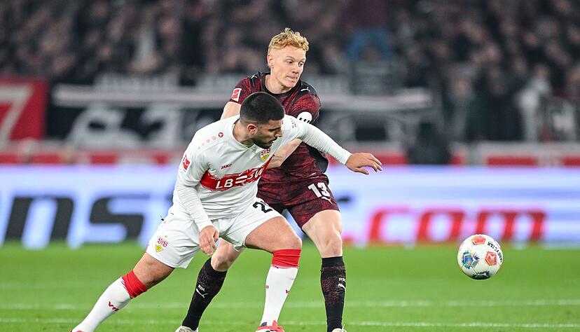 Hier geblieben: Leipzigs Nicolas Seiwald (r) verfolgt VfB-St&uuml;rmer Deniz Undav, der nach der Pause trifft.