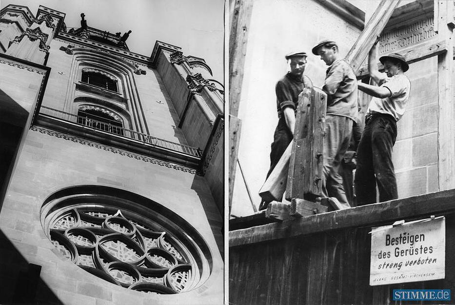 1962 wird das Gerüst am Kiliansturm auf der Windgassenseite abgerissen. Der Blick zum Turm und auf die schöne Rosette ist nun frei.