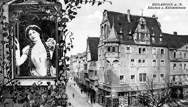 Zusammengestellt von Archiv und Dokumentation der Heilbronner Stimme 

Die Heilbronner Symbolfigur Käthchen schmückt noch heute viele Postkarten. Diese Ansicht, datiert etwa Ende des 19. Jahrhunderts, zeigt die Westseite des Marktplatzes mit dem Käthchenhaus und seinem Erker.