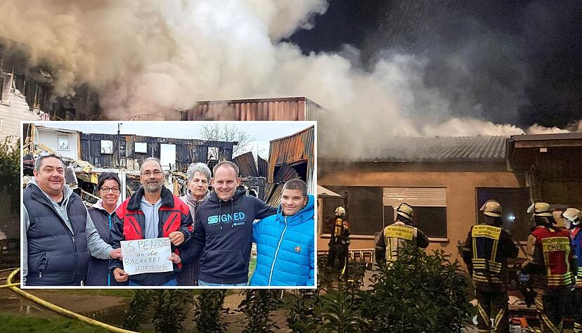 Nach dem verheerenden Brand am 14. Oktober (gro&szlig;es Foto) ist der Zusammenhalt gro&szlig; (kleines Foto). Andreas Haag (links) und Christian Horning (Zweiter von rechts) bringen Spendenzusagen an Familie H&ouml;rtling.