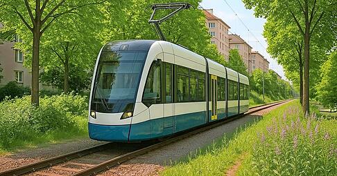 So wie auf diesem KI-generierten Bild stellt sich die Stadtverwaltung von K&uuml;nzelsau k&uuml;nftig Trasse und Z&uuml;ge auf einer reaktivierten Kochertalbahn vor.