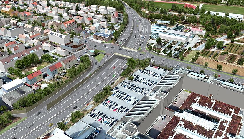 So hätte die B27 mit der Binswanger Straße verbunden werden können, allerdings gab es immer wieder Plan-Änderungen: Links der B27 hätte eine Klinik verlagert werden müssen, rechts der Verkehrsachse die Baumschule.
Visualisierung: Stadt Neckarsulm