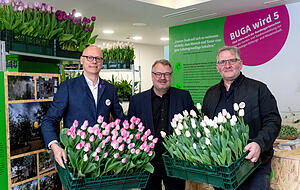 Heilbronn feiert fünf Jahre Buga auch mit einer Ausstellung. Die Fest-Macher (v.l.) Steffen Schoch, Bürgermeister Andreas Ringle und Oliver Toellner.
Foto: Mario Berger Heilbronn feiert fünf Jahre Buga auch mit einer Ausstellung. Die Fest-Macher (v.l.) Steffen Schoch, Bürgermeister Andreas Ringle und Oliver Toellner.
Foto: Mario Berger