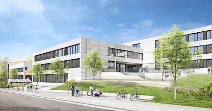 Die animierte Außenansicht zeigt gut, wie sich das neue HGÖ von der Weygangstraße aus präsentieren wird. Der zentrale Zugang verteilt Schüler und Lehrer nach links und rechts.
Fotos: privat