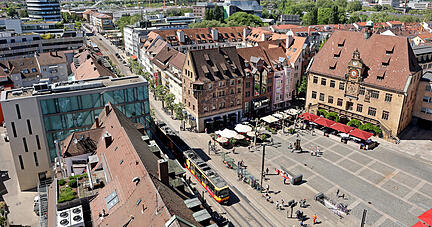 Stadtansichten, Kiliansplatz, Marktplatz, Experimenta und Rathaus Heilbronn, Blick von der Kilianskirche