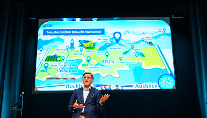 Klaus Geißdörfer vor dem Wegweiser von EBM-Papst: Der Geschäftsführer erklärte die Transformation des Herstellers von Ventilatoren und Motoren. Klaus Geißdörfer vor dem Wegweiser von EBM-Papst: Der Geschäftsführer erklärte die Transformation des Herstellers von Ventilatoren und Motoren.