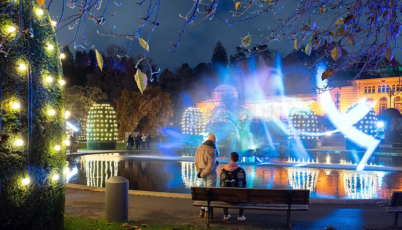 Zahlreiche Lampen illuminieren den zoologisch-botanischen Garten Wilhelma bei der Sonderveranstaltung Christmas Garden 2021.