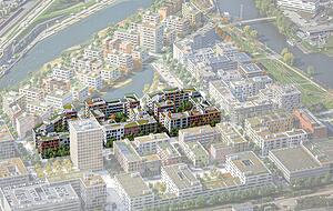Die Visualisierung zeigt schemenhaft die endgültige Neckarbogen-Bebauung 2028. Der jetzt anstehende Bauabschnitt (bis 2023) ist hervorgehoben.
Foto: Stadt Heilbronn