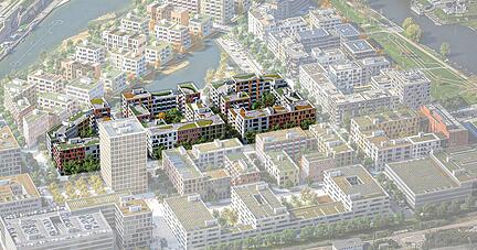 Die Visualisierung zeigt schemenhaft die endgültige Neckarbogen-Bebauung 2028. Der jetzt anstehende Bauabschnitt (bis 2023) ist hervorgehoben.
Foto: Stadt Heilbronn