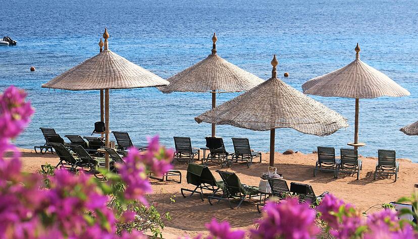 Leere Strandliegen am Roten Meer in &Auml;gypten: Auch f&uuml;r dieses beliebte Urlaubsland wurde die Reisewarnung erneut verl&auml;ngert.
Foto: dpa