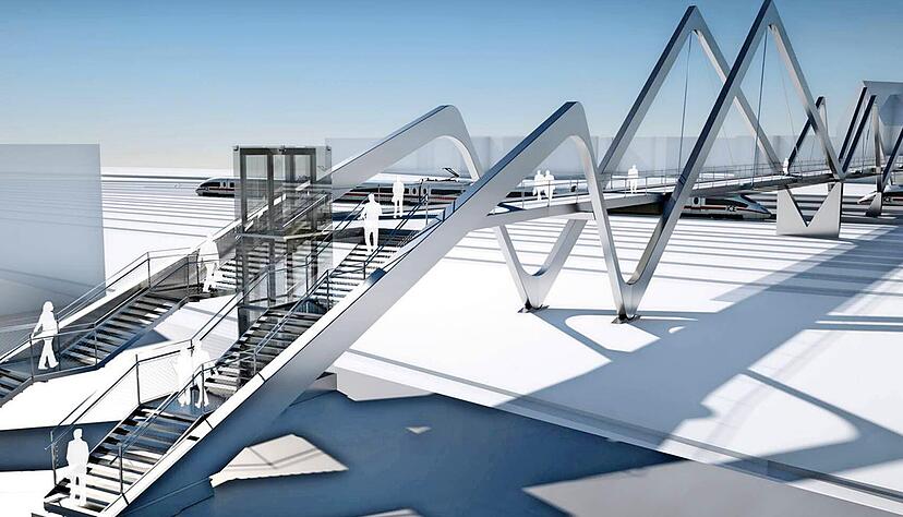 Der Entwurf des ehemaligen Architekturbüros Peter, Lochner, Bogenrieder machte 2014 als "Blitz" von sich reden. Jetzt soll die Brücke in dieser Form auch umgesetzt werden. 
Visualisierung: Stadt Heilbronn