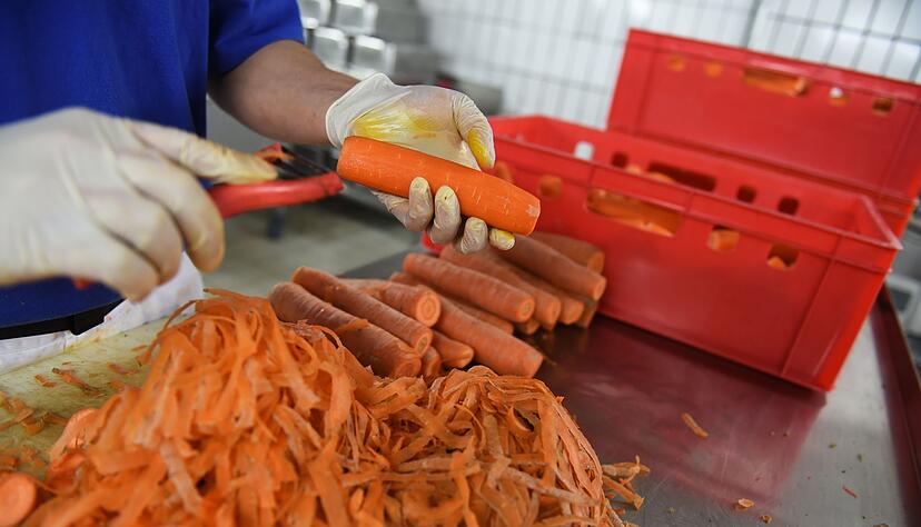 Ein H&auml;ftling sch&auml;lt Karotten in der K&uuml;che eines Gef&auml;ngnisses.