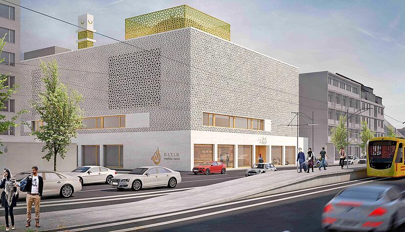 Die Visualisierung zeigt den Moschee-Neubau an der Weinsberger Straße, dessen Realisierung bisher an der Abbiegesituation scheitert.
Foto: Müller Architekten