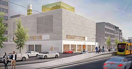 Die Visualisierung zeigt den Moschee-Neubau an der Weinsberger Straße, dessen Realisierung bisher an der Abbiegesituation scheitert.
Foto: Müller Architekten