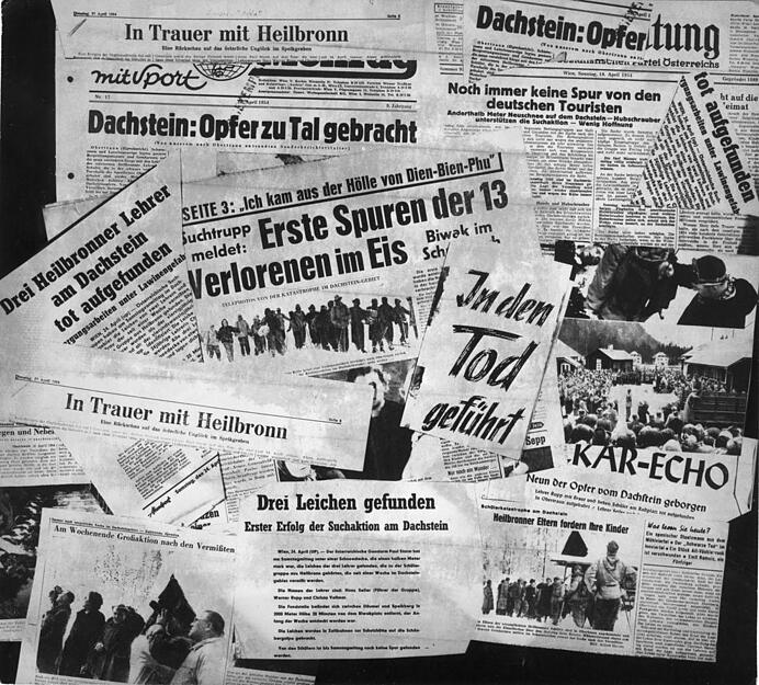 Das Dachstein-Unglück erregt in den deutschen und österreichischen Medien großes Aufsehen. Die Presse berichtet im April 1954 mal mehr, mal weniger zurückhaltend.