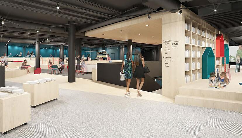 Ins erste Obergeschoss der Stadtbibliothek Heilbronn führt künftig ein Treppenkörper. Dort formt er ein Atrium, das ein Lesecafé umschließt. Gleichzeitig bildet die Treppe die Rückwand des Kinderbereichs. Ins erste Obergeschoss der Stadtbibliothek Heilbronn führt künftig ein Treppenkörper. Dort formt er ein Atrium, das ein Lesecafé umschließt. Gleichzeitig bildet die Treppe die Rückwand des Kinderbereichs.