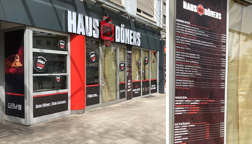 Am Donnerstagnachmittag soll der Betrieb im "Haus des Dönners" starten. Die Speisen- und Getränkeliste (Foto rechts) wurde bereits angebracht. Am Donnerstagnachmittag soll der Betrieb im "Haus des Dönners" starten. Die Speisen- und Getränkeliste (Foto rechts) wurde bereits angebracht.