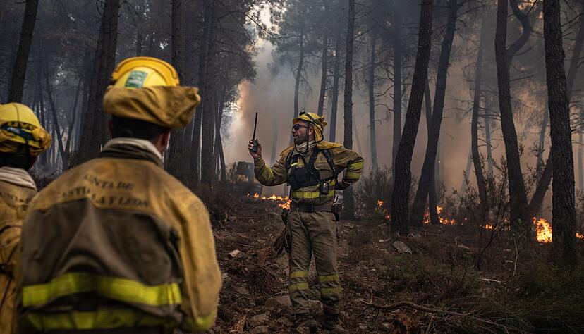 Feuerwehrleute sind während eines Brandes in der Sierra Culebra in der Provinz Zamora im Einsatz. Feuerwehrleute sind während eines Brandes in der Sierra Culebra in der Provinz Zamora im Einsatz.