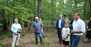Minister Peter Hauk (rechts) begutachtet zusammen mit Experten und geladenen Gästen den Zerreichen-Bestand im Neuensteiner Wald. Minister Peter Hauk (rechts) begutachtet zusammen mit Experten und geladenen Gästen den Zerreichen-Bestand im Neuensteiner Wald.