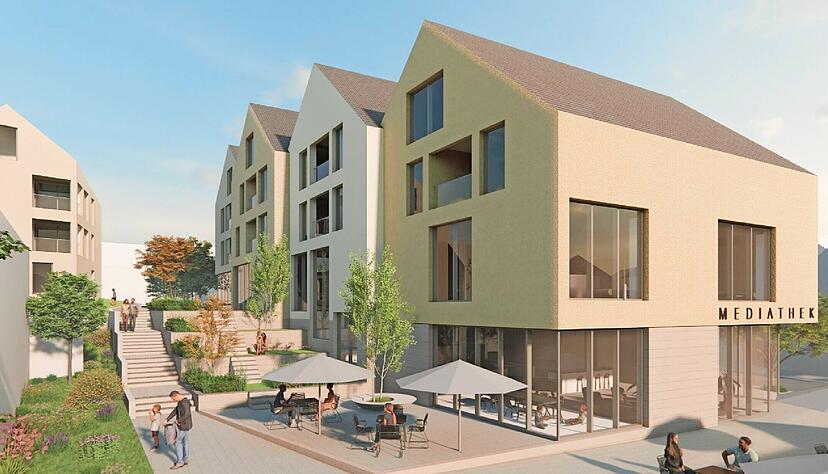 Auf dieser Ansicht ist zu erkennen, wie die Bepflanzung am St&auml;ffelesweg entlang der Geb&auml;ude auf dem Rathausparkplatz einmal aussehen soll.