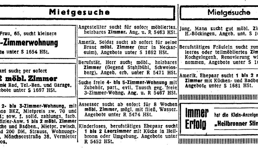 Zusammengestellt von Archiv und Dokumentation der Heilbronner Stimme 

Mietgesuch-Anzeigen aus der Heilbronner Stimme vom 2. September 1955.