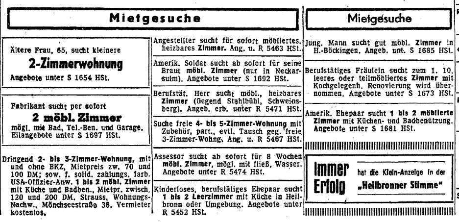 Zusammengestellt von Archiv und Dokumentation der Heilbronner Stimme 

Mietgesuch-Anzeigen aus der Heilbronner Stimme vom 2. September 1955.