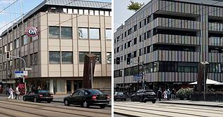 An der Stelle der ehemaligen Heilbronner C&A-Filiale in der Kaiserstraße (links) entstand ab 2014 das Marrahaus. (rechts).