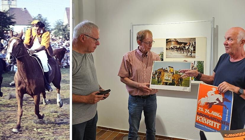 Wolfgang Reuther (von links), Fritz Ritter und Fritz Eichholz wissen viel über den Leingartener Käsritt zu berichten. Im Fundus des Heimatarchivs entdecken sie Bilder vom ersten 1950 bis zum letzten 2017.
