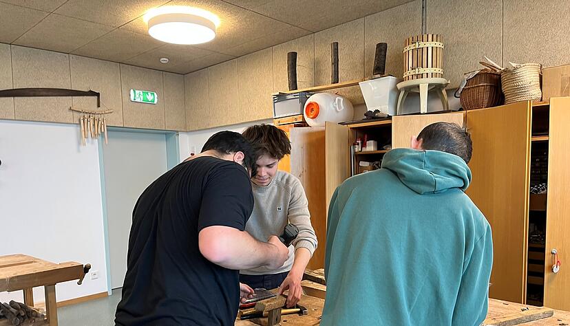 Heute sind ganz banale Arbeiten angesagt: Bufdi Nils Jau&szlig; (Mitte) entfernt gemeinsam mit Matthias (links) und Max Schrauben und N&auml;gel aus Holzlatten. Dabei kommt auch der Akkuschrauber zum Einsatz.