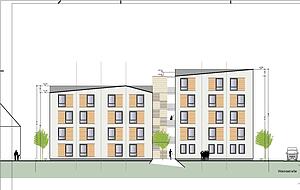 Die zwei durch ein Treppenhaus verbundenen, neuen Gebäude für die Wohnungslosenhilfe bieten 32 Miniapartments. Visualisierung: Aufbaugilde