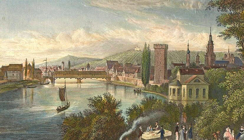 Die kolorierte Druckgrafik von 1840 zeigt Alt-Heilbronn von Süden her.