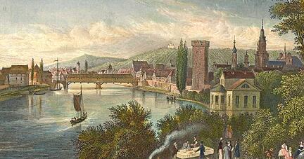 Die kolorierte Druckgrafik von 1840 zeigt Alt-Heilbronn von Süden her.