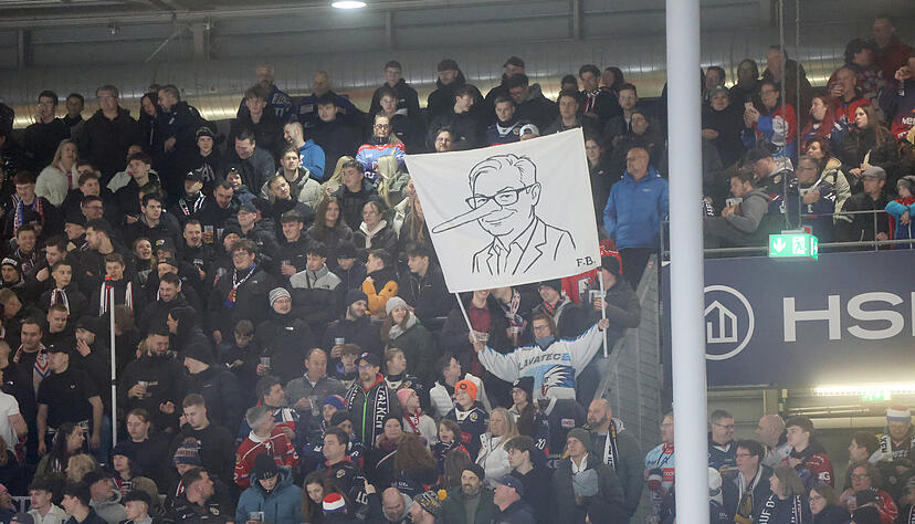 Die Fans der Heilbronner Falken halten beim Heimspiel gegen die Stuttgarter Rebels immer wieder Banner nach oben. Die Fans der Heilbronner Falken halten beim Heimspiel gegen die Stuttgarter Rebels immer wieder Banner nach oben.