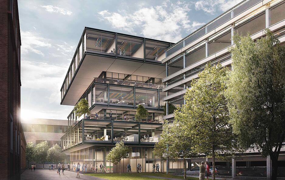 Visualisierungen des neuen Geb&auml;udes der Campus Founders auf dem BIldungscampus, das bis Ende 2022 fertiggestellt werden soll