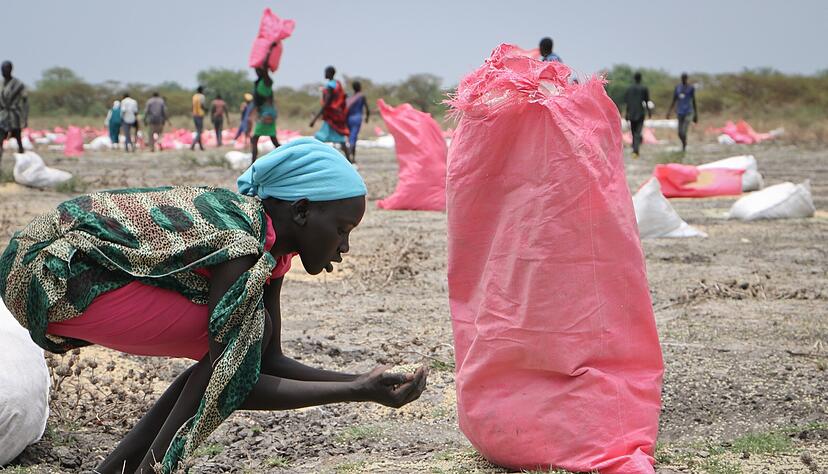 Südsudan: Eine Frau sammelt Hirse vom Boden auf, die in Säcken vom Welternährungsprogramm (WFP) der Vereinten Nationen über der Stadt Kandak abgeworfen wurden. Foto: dpa Südsudan: Eine Frau sammelt Hirse vom Boden auf, die in Säcken vom Welternährungsprogramm (WFP) der Vereinten Nationen über der Stadt Kandak abgeworfen wurden. Foto: dpa