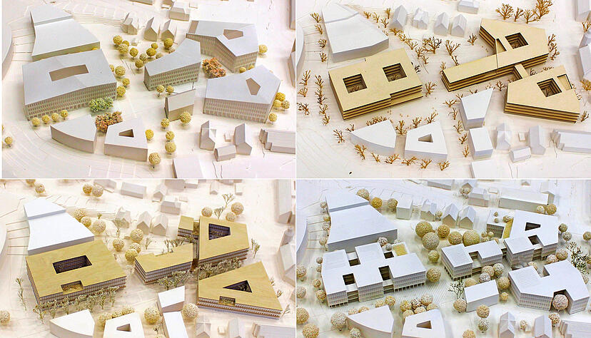 Das sind die vier Siegerentwürfe des Architektenwettbewerbs: von links oben nach links unten im Uhrzeigersinn der erste, zweite, dritte und vierte Preisträger. Das sind die vier Siegerentwürfe des Architektenwettbewerbs: von links oben nach links unten im Uhrzeigersinn der erste, zweite, dritte und vierte Preisträger.
