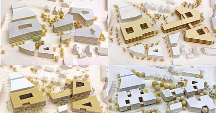 Das sind die vier Siegerentwürfe des Architektenwettbewerbs: von links oben nach links unten im Uhrzeigersinn der erste, zweite, dritte und vierte Preisträger.