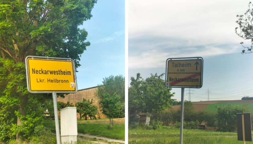 Zum 1. Mai haben sich Unbekannte einen Scherz erlaubt und das Ortsschild von Neckarwestheim am Ortseingang von Talheim aufgestellt.