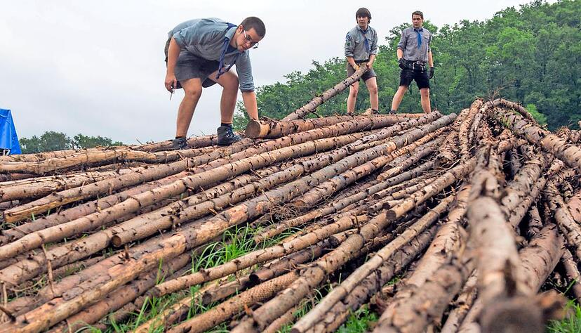 Die etwa zehn Meter langen Baumst&auml;mme halten die Zeltt&uuml;cher. Die B&auml;ume wurden im Beilsteiner Forst bei Pflegema&szlig;nahmen, die ohnehin f&auml;llig waren, gef&auml;llt.