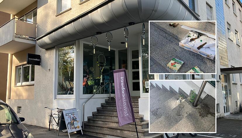 Vor dem Tennisgeschäft von Metehan Cebeci halten sich regelmäßig Personen aus der Drogen- und Trinkerszene auf und hinterlassen ihren Müll. Vor dem Tennisgeschäft von Metehan Cebeci halten sich regelmäßig Personen aus der Drogen- und Trinkerszene auf und hinterlassen ihren Müll.